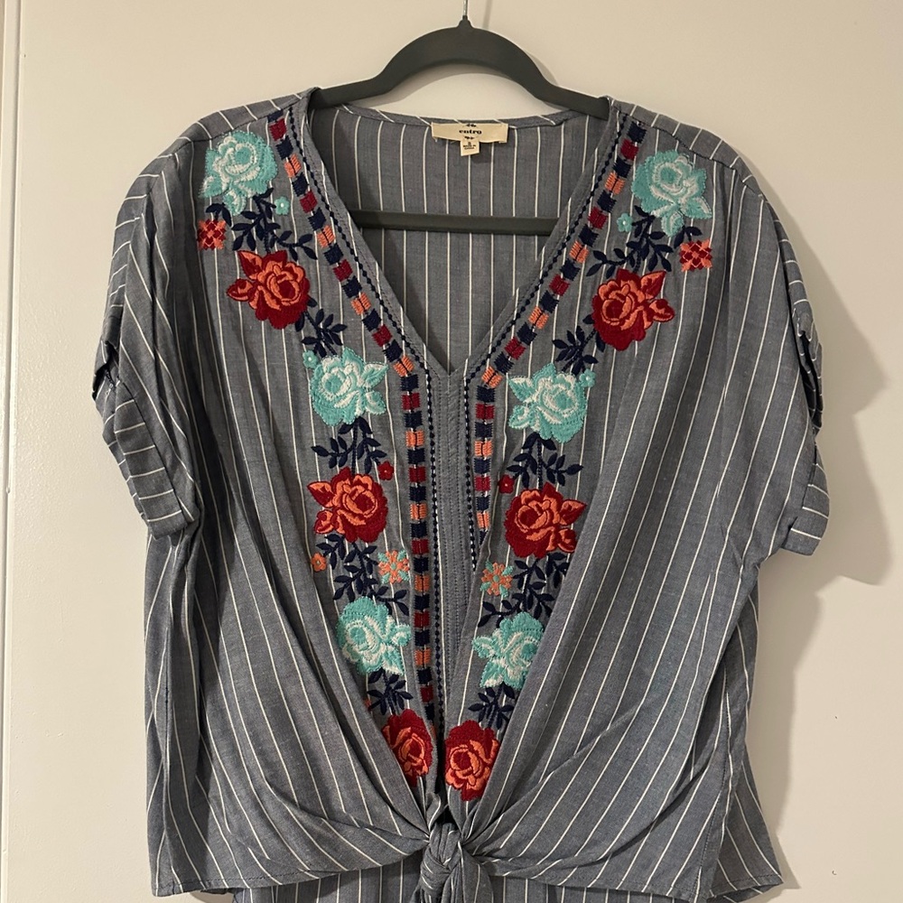 Entro Striped V-Neck Embroidered Tie-Front Top